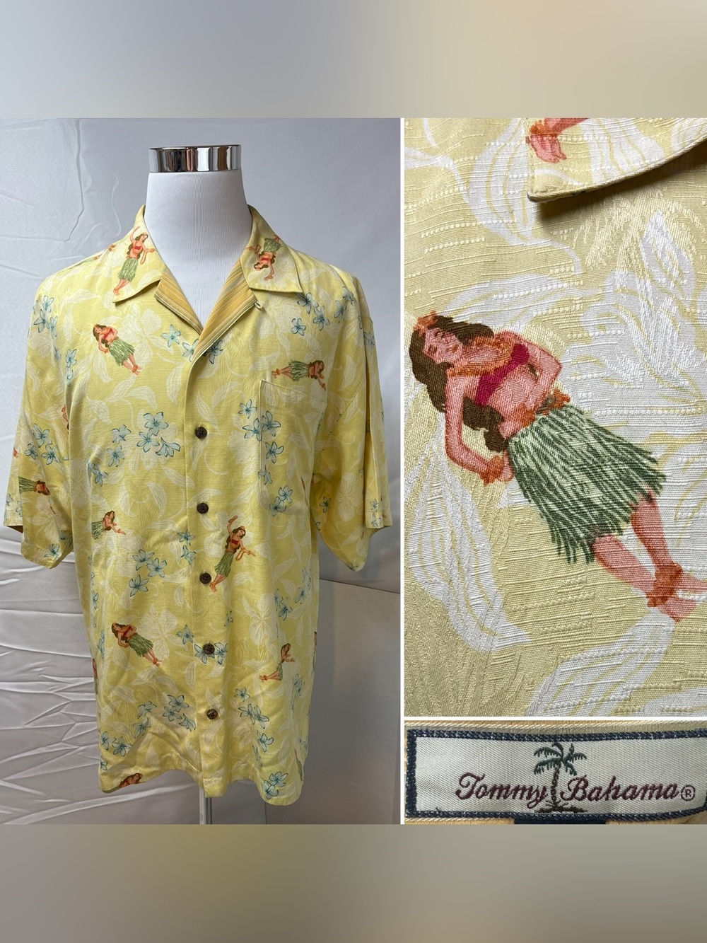 Tommy Bahama Men's XL 100% Silk Yellow Hawaiian Hula Women Print Button Up Shirt